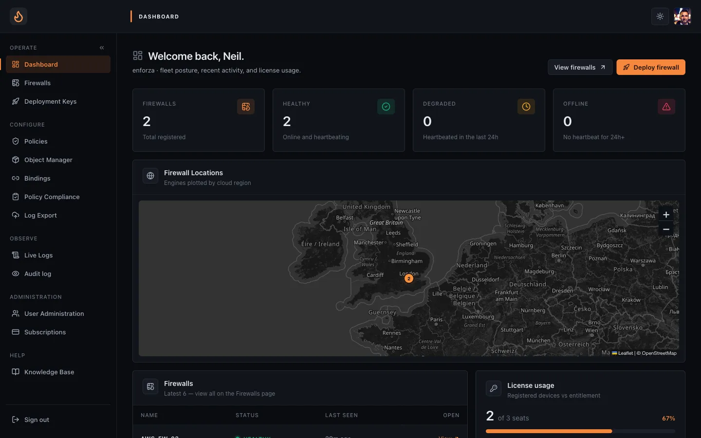 The Enforza Cloud Controller dashboard — firewall fleet overview with a live map of locations, health counters and license usage.