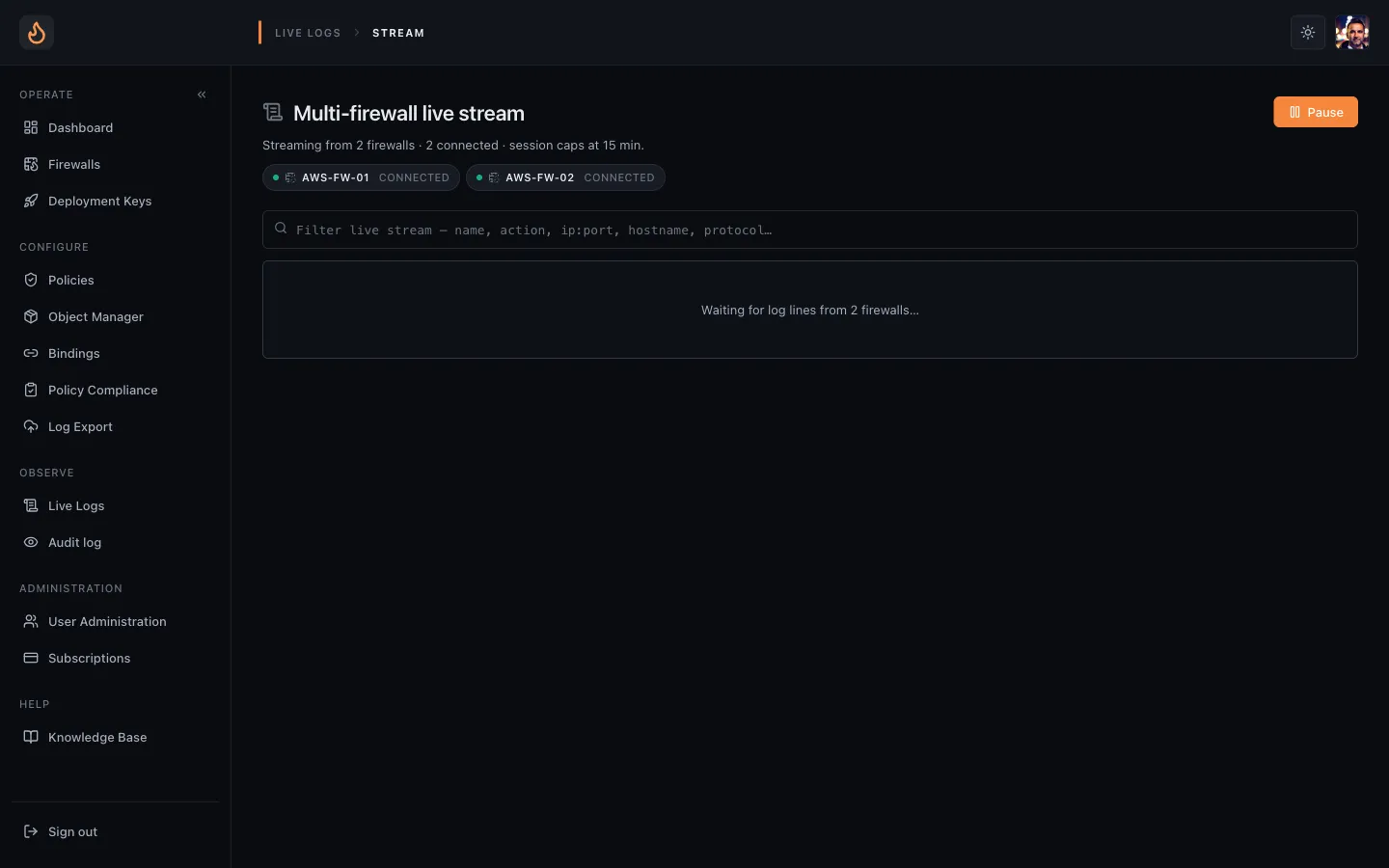 The Enforza multi-firewall live stream — two firewalls connected and streaming traffic into one filterable feed.