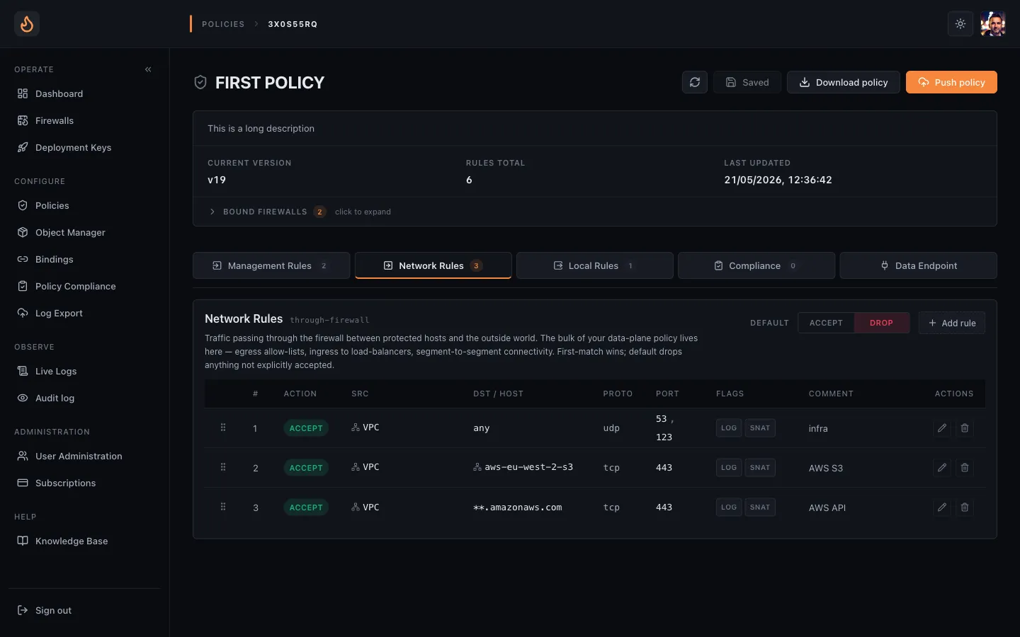 The Enforza Cloud Controller policy editor — a visual rule table with ACCEPT/DROP actions, AWS S3 and amazonaws.com destinations, SNAT flags and a one-click Push policy button.