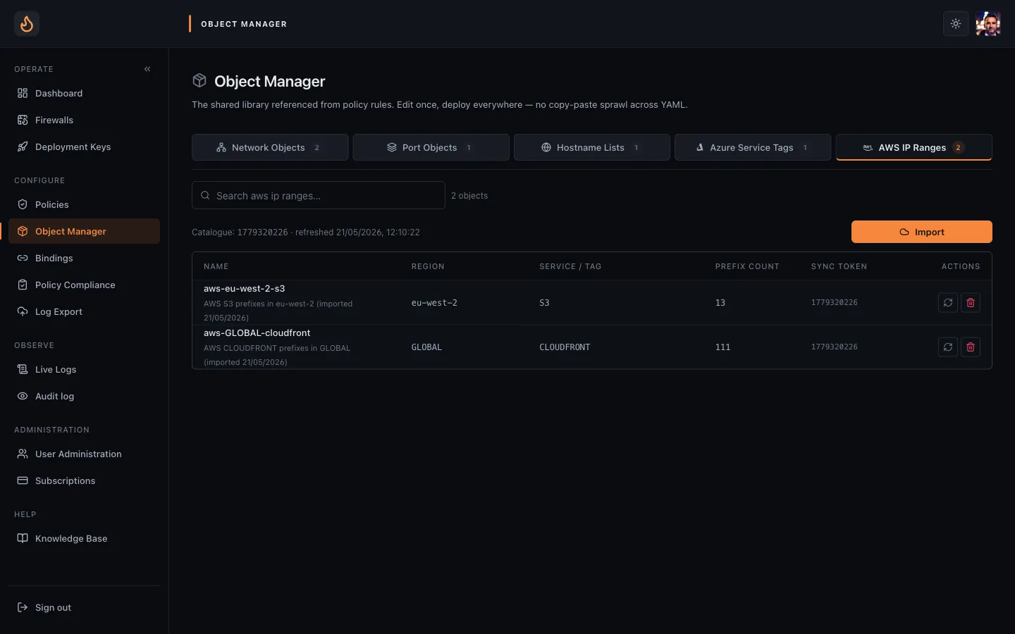 The Enforza Object Manager AWS IP Ranges tab — imported S3 (eu-west-2, 13 prefixes) and CloudFront (global, 111 prefixes) groups, each showing its region, service tag, prefix count and upstream sync token, with one-click refresh and an Import button.